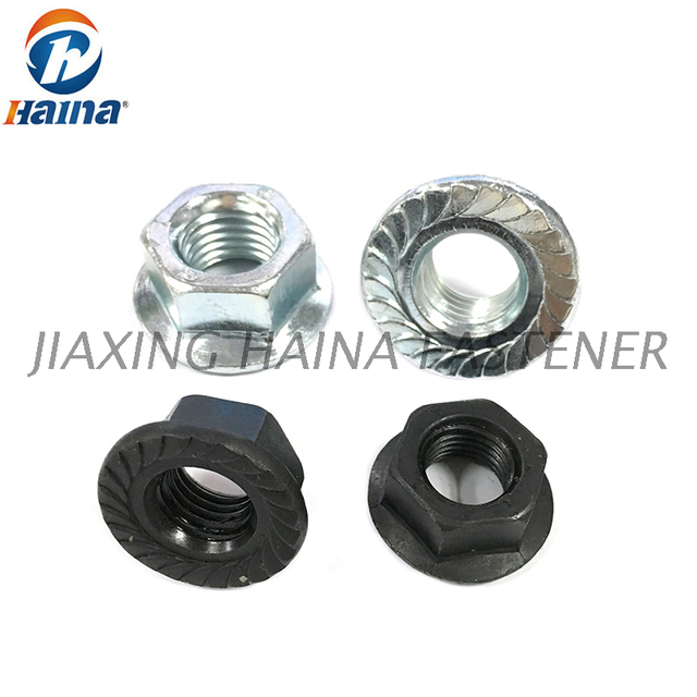 Schwarze, schlichte, verzinkte Sechskantmutter mit Flansch, Güteklasse 4, Garde 8, gezahnt, Mutter DIN6923